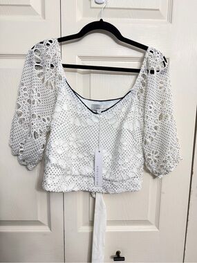 Adelyn Rae White Eyelet Floral Crochet Tie-Back Crop Top